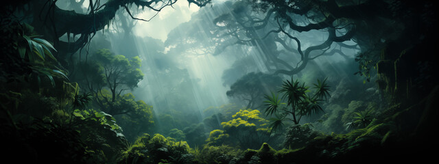 Poster - Mystical Rainforest Canopy with Sun Rays