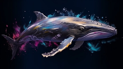 Sticker - water color painting style of full body potrait of whale on black background. Generative Ai