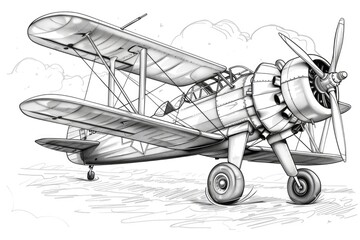  A drawing of a small airplane with a propeller, coloring book for kids.
