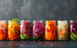 Probiotics food background Korean carrot, kimchi, beetroot, sauerkraut, pickled cucumbers in glass jars. Winter fermented and canning food traditional method