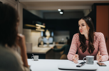 Focused young adult female in casual attire discussing with someone across the table in a cozy kitchen setting. An intimate and lively discussion indoors.