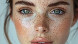 Fototapeta Uliczki - Close-up portrait of a young Caucasian woman with freckles and clear skin