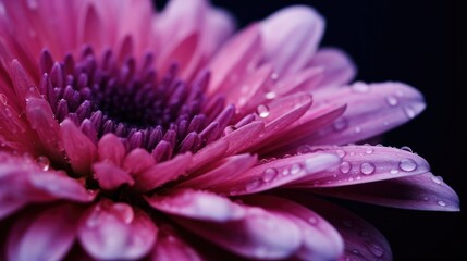 Wall Mural - Close-up of a dew-covered pink daisy against a dark, moody background.