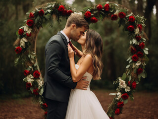 A couple in love kissing passionately under a beautiful sunset sky, surrounded by nature.