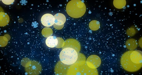 Wall Mural - Animation of snow falling and spot lights on dark blue background