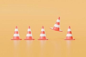 3D red traffic cones icon on isolated yellow background. accident prevention concept. Cartoon minimal cute smooth graphic element icon to transport element. copy space. banner.3d render illustration.