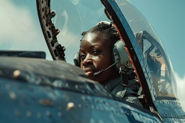 Wall Mural - A female pilot is seated in the cockpit of a fighter jet, peering out the window into the distance. Generative AI