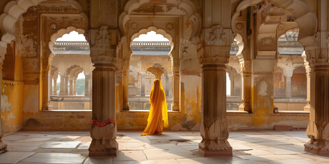 A woman draped in a bright yellow sari walks through the sunlit arches of an ancient Indian palace