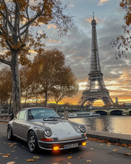 Élégance Rétro : Porsche, Paris, Coucher Soleil.
Une vieille Porsche traverse Paris, capturant l'élégance intemporelle entre la Tour Eiffel et l'Arc de Triomphe. Romantisme urbain et de nostalgie