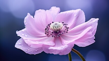 Wall Mural - Delicate pink anemone flower with dew drops against a soft blue background.