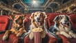  A pack of well-behaved canines enjoys a movie night in the cozy theater, snacking on popcorn
