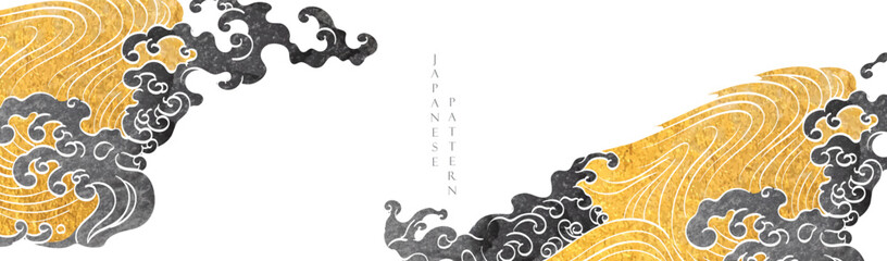 Japanese background with hand drawn wave gold and black texture vector. Hand drawn wave chinese cloud decorations in vintage style. Oriental element with art abstract banner design.