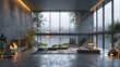 3d rendering of modern living room in a modern building with large windows, in the style of dark indigo and dark gray, industrial fragments. Generative AI