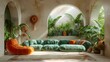 a white living room is filled with a green couch and chair, in the style of light pink and dark beige, arched doorways, photorealistic compositions. Generative AI