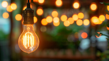 Close up of a lightbulb with cozy outdoor gatherings and events in the background