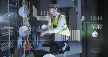 Poster - Animation of data processing over caucasian female it engineer by computer servers