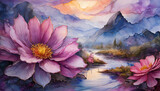 Fototapeta Fototapeta w kwiaty na ścianę - Abstrakcyjny krajobraz, fioletowe kwiaty i góry