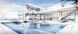 A detailed drawing of a modern villa featuring a swimming pool, set against a backdrop of the sea. The architectural design showcases a white interior with large windows.