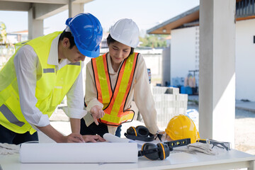 Wall Mural - Civil engineer teams meeting working together wear worker helmets hardhat on construction site in modern city. Foreman industry project manager engineer teamwork. Asian industry professional team