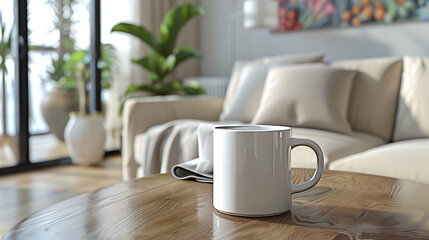 Wall Mural - A coffee cup sitting on a living room table in a modern living room. 