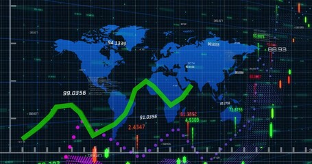 Wall Mural - Animation of financial data processing over world map on black background