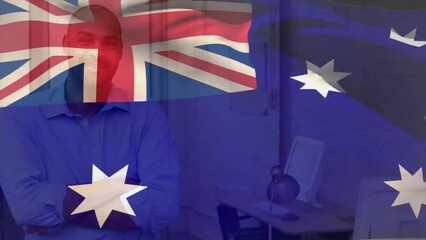 Poster - Animation of flag of australia over smiling biracial casual businessman in office