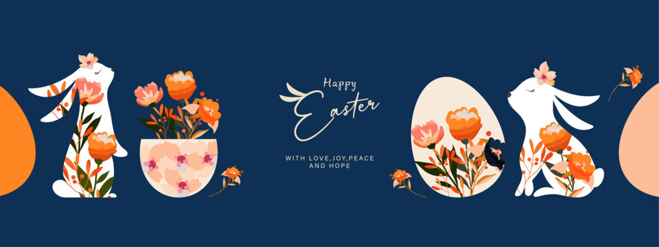Happy Easter banner with typography, easter rabbit, eggs, roses, leaves, floral bouquets, spring flowers compositions. Trendy poster, greeting card, header or cover for website. Modern art style.