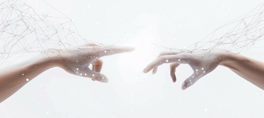 Two human hand touch with abstract polygonal network element. Generative AI technology.