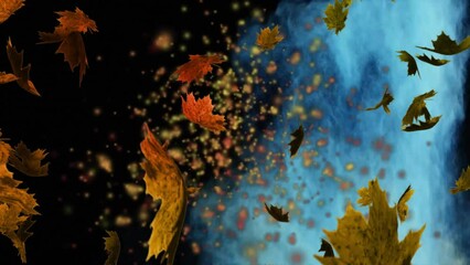 Canvas Print - Animation of leaves blowing over yellow and blue smoke on black background