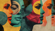 A captivating digital artwork featuring multiple women's heads in diverse colors, characterized by layered geometric designs and vintage poster aesthetics.