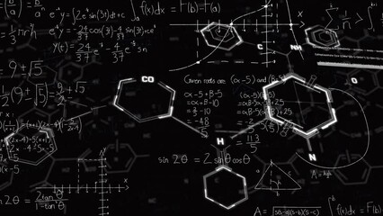 Animation of element diagrams over mathematical equations on black background