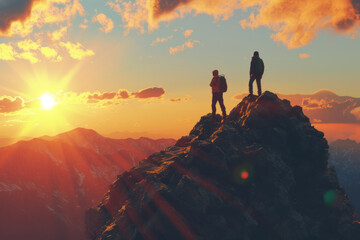 Two people are seen on top of a mountain in a success timelapse, showcasing realistic and hyper-detailed ings, bold gestures, and colors of orange and bronze.