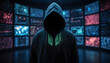 a mysterious figure in a hoodie stands in front of screens. you can't see their face, but the screens are lit with colors, symbolizing the cybersecurity battle