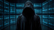 someone with a hoodie stands by screens, their face hidden, the screens are colorful, illustrating the perpetual clash of good and evil in the world of cybersecurity