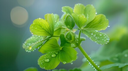 A light green geranium, with two buds on the branch, three tender green leaves, crystal clear dewdrops, ultra-high-definition vision, realism, background blur 