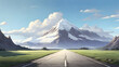 Beautiful scenery of a long straight road leading towards a snow capped mountain. Cartoon or anime illustration style.