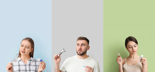 Wall Mural - Set of people choosing between glasses and contact lenses on color background