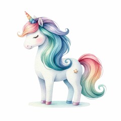 Magical unicorn with flowing mane and sparkling horn.  watercolor illustration, Watercolor fantasy unicorn clip art. isolated on a white background. For print, design, poster, sticker, card.