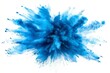 A dynamic and vibrant explosion of blue powder creating an abstract cloud, isolated on a white background, evoking a sense of motion and energy.

