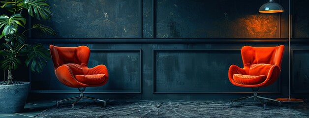 two chairs and microphones in podcast or interview room isolated on dark background. recording studio.