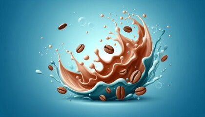 Wall Mural - A milk splash with coffee beans on a blue background