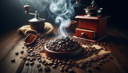 Wall Mural - Coffee grinder with coffee beans on a wooden table.