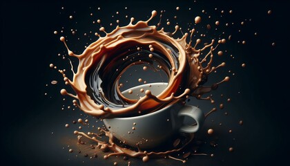 Wall Mural - Cup of coffee with splashes on black background.