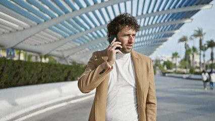 Poster - Young hispanic man in casual business attire talking on cellphone while gesturing outdoors in modern urban park