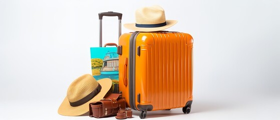 Suitcases Standing isolated by white background, Stylish Luggage Bags Waiting At Terminal Hall, Banner For Air Travelling And Vacation Booking Concept