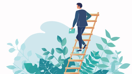 silhouette of young man on ladder as he is walking up a ladder of success and achieve his goals, in the style of dark navy and light azure, white background, kodak ektachrome, aggressive digital illus