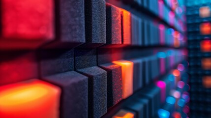 close-up of black acoustical foam walls with vibrant led lights casting colorful shadows, creating a