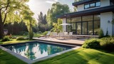 Fototapeta Miasto - Swimming pool and decking in garden of luxury home
