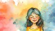 Sketch of closed eyes smile girl on watercolor background , post card design 