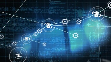 Poster - Animation of network of connections with iconsover glowing light trails